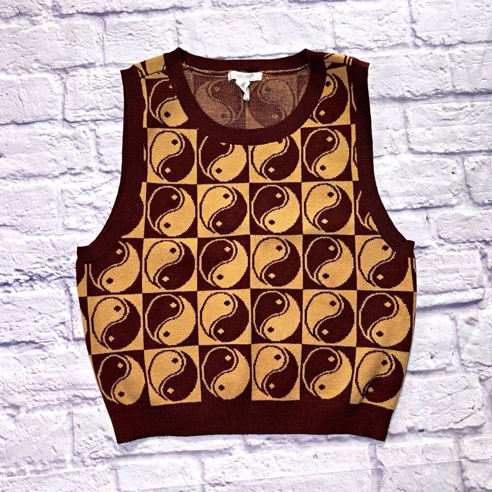 FULL TILT Women's XL Brown Beige Check Yin Yang Knit Sleeveless Sweater Vest